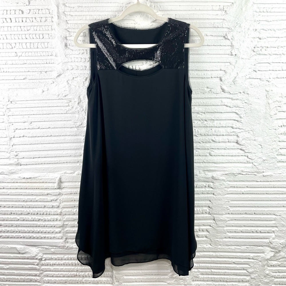 BCBGMaxazria Black Layered Chiffon Shift Dress Sequined Cut Out Neckline XS